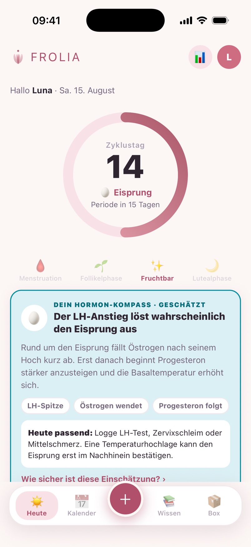 Echter App-Screenshot: Heute-Ansicht mit Zyklusring – Tag 14, Eisprung, Periode in 15 Tagen