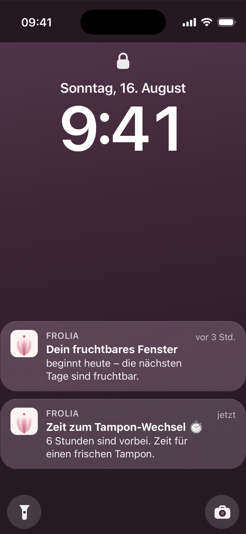 Sperrbildschirm mit FROLIA-Mitteilungen: Tampon-Wechsel und fruchtbares Fenster